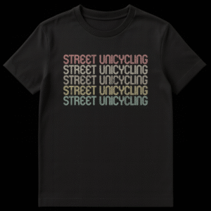 Vintage retro street unicycling t-shirt with multi-line gradient text on Black t-shirt