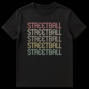 Vintage Streetball Pride T-Shirt with stacked multi-color text on black background, retro basketball apparel on Black t-shirt