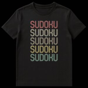 Black t-shirt with 'SUDOKU' repeated vertically five times in faded coral, beige, olive, mustard, and teal retro-striped distressed font. on Black t-shirt