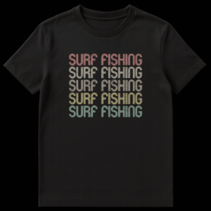 Retro Surf Fishing t-shirt with repeated text in a distressed 70s-80s multi-line font and earthy gradient colors on a black background. on Black t-shirt