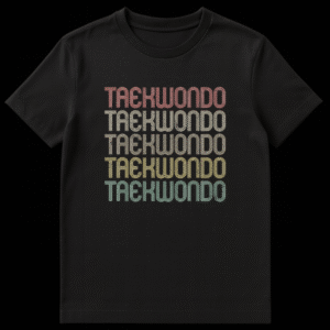 Retro Taekwondo T-Shirt with repeating distressed text in muted 70s/80s colors on black on Black t-shirt