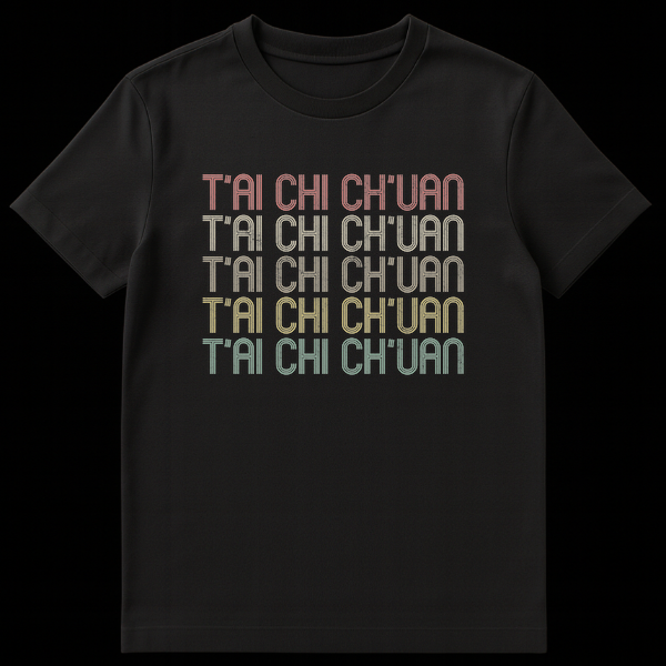 Vintage retro T'ai Chi Ch'uan text t-shirt with distressed earthy colors on black on Black t-shirt