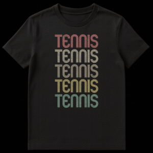 Vintage retro 'TENNIS' stacked word t-shirt in muted colors with distressed texture on a black background on Black t-shirt