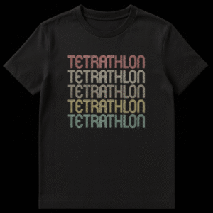 Tetrathlon multi-sport t-shirt with stacked vintage text design in a colorful gradient on a black background on Black t-shirt