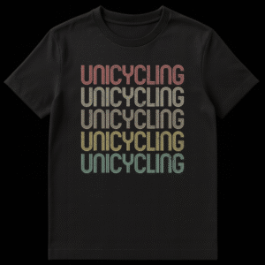 Retro multi-color distressed UNICYCLING repeated five times on a black t-shirt, for unicycle enthusiasts. on Black t-shirt