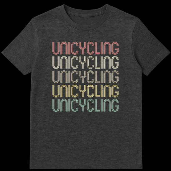 Retro multi-color distressed UNICYCLING repeated five times on a black t-shirt, for unicycle enthusiasts. on Dark Heather t-shirt