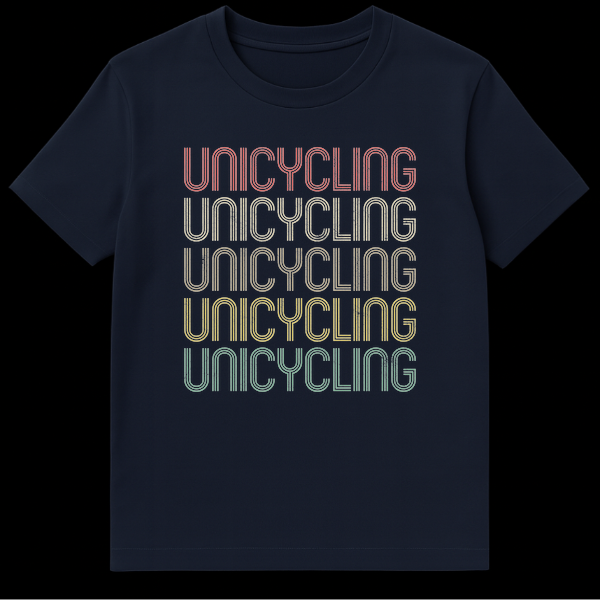 Retro multi-color distressed UNICYCLING repeated five times on a black t-shirt, for unicycle enthusiasts. on Navy Blue t-shirt