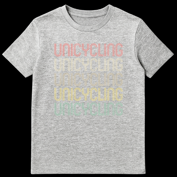 Retro multi-color distressed UNICYCLING repeated five times on a black t-shirt, for unicycle enthusiasts. on Sports Grey t-shirt