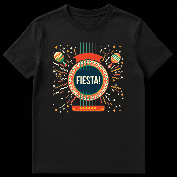FIESTA! T-Shirt with stylized guitar, maracas, and confetti design on a black background, celebrating Latin culture and music on Black t-shirt