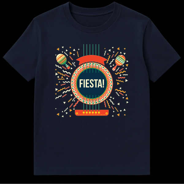 FIESTA! T-Shirt with stylized guitar, maracas, and confetti design on a black background, celebrating Latin culture and music on Navy Blue t-shirt