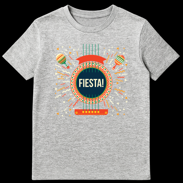 FIESTA! T-Shirt with stylized guitar, maracas, and confetti design on a black background, celebrating Latin culture and music on Sports Grey t-shirt