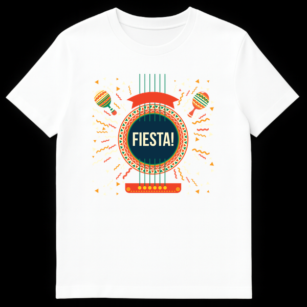 FIESTA! T-Shirt with stylized guitar, maracas, and confetti design on a black background, celebrating Latin culture and music on White t-shirt