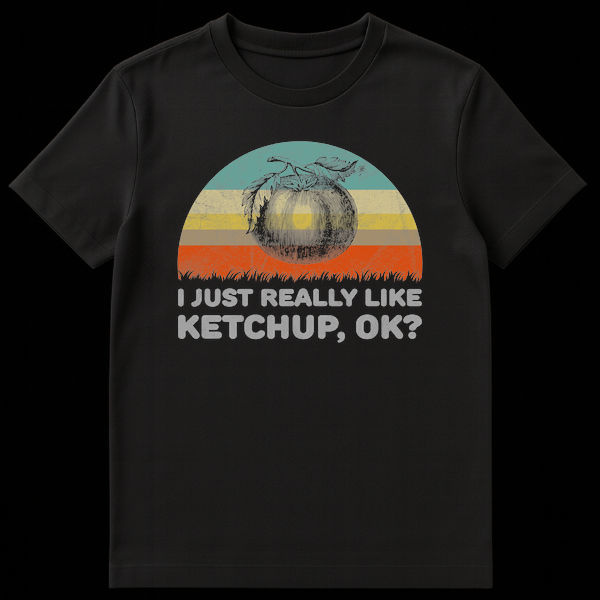 Vintage style t-shirt with a tomato graphic and text 'I JUST REALLY LIKE KETCHUP, OK?' on a distressed sunset background. on Black t-shirt