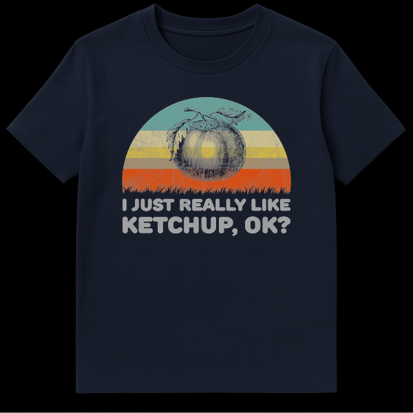 Vintage style t-shirt with a tomato graphic and text 'I JUST REALLY LIKE KETCHUP, OK?' on a distressed sunset background. on Navy Blue t-shirt