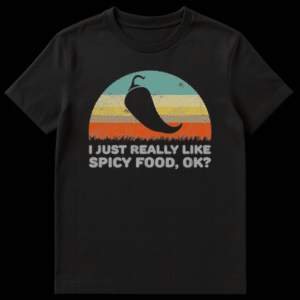 Retro chili pepper t-shirt with text 'I JUST REALLY LIKE SPICY FOOD, OK?' on Black t-shirt