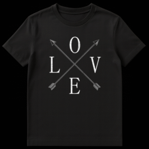 Black t-shirt with 'LOVE' spelled out by large white distressed letters L, O, V, E in a diamond shape with two crossed rustic arrows behind on Black t-shirt