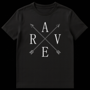 Brave Soul T-shirt with 'A R V E' around crossed arrows design, distressed off-white print on black fabric, symbolizing courage and adventure. on Black t-shirt