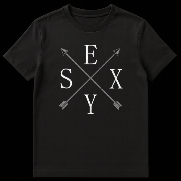 Distressed 'SEXY' graphic t-shirt with crossed arrows in black and white on Black t-shirt
