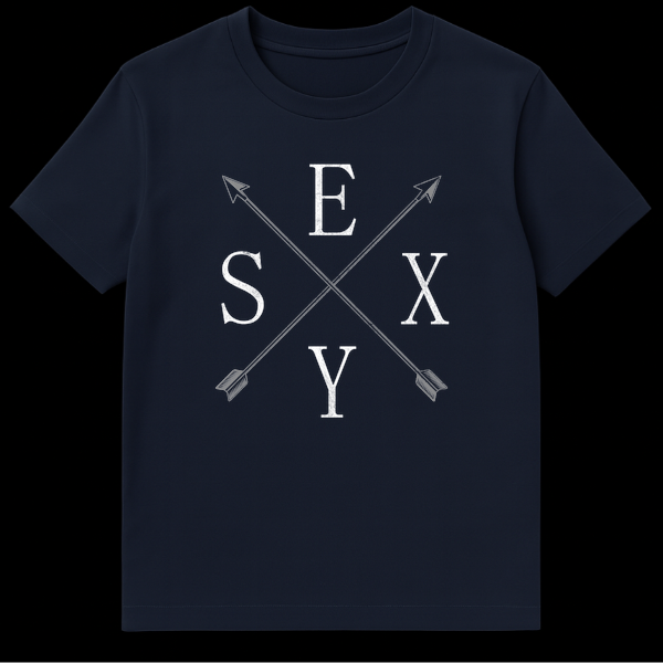 Distressed 'SEXY' graphic t-shirt with crossed arrows in black and white on Navy Blue t-shirt