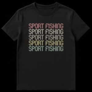 Vintage 'SPORT FISHING' t-shirt with repeated text in retro distressed typography and muted colors on black on Black t-shirt