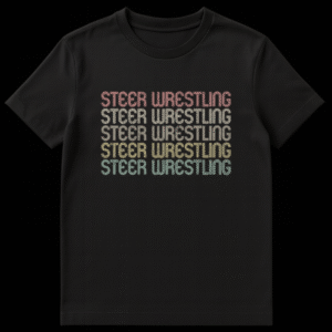 Vintage Steer Wrestling Rodeo T-Shirt with retro 70s 80s distressed text in a gradient color palette on a black background. on Black t-shirt