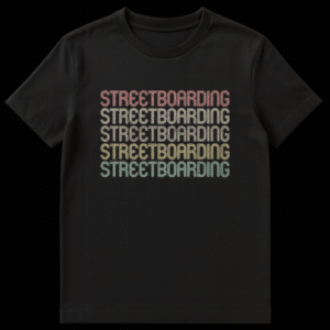 Vintage Streetboarding T-Shirt with stacked, distressed text in retro colors on a black background on Black t-shirt