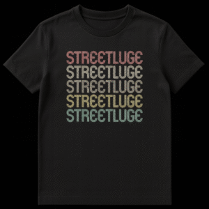 Black t-shirt with repeated 'STREETLUGE' text in retro distressed typography and a gradient of muted vintage colors. on Black t-shirt