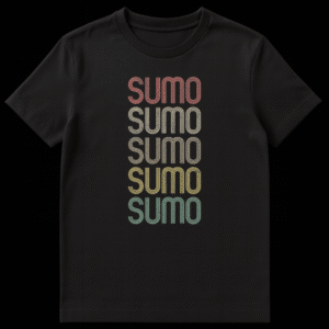 Vintage Retro Sumo Wrestling T-Shirt with Stacked Distressed Text Design on Black t-shirt