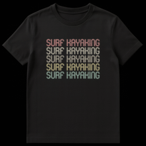 Retro Surf Kayaking T-Shirt with stacked distressed text and gradient colors on Black t-shirt