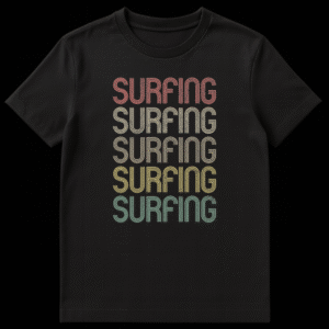 Vintage Surfing t-shirt with stacked, distressed text in retro colors on a black background on Black t-shirt