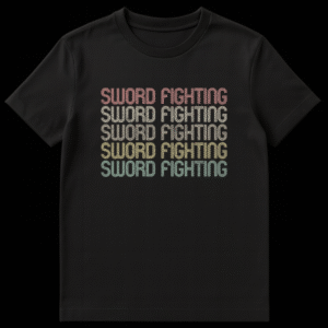 Retro 70s/80s style 'SWORD FIGHTING' t-shirt with stacked, distressed text in vintage colors on a black background. on Black t-shirt
