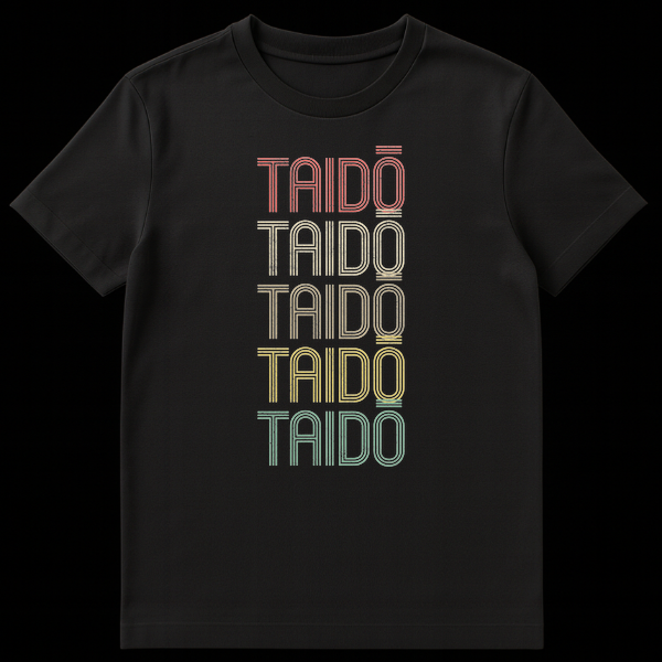 Vintage Taidō Martial Arts T-Shirt with stacked, multi-colored text on a black background, featuring retro typography and a distressed look. on Black t-shirt