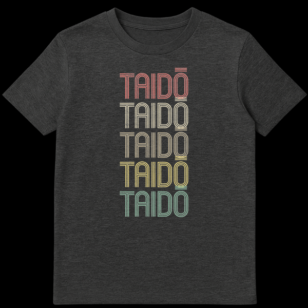 Vintage Taidō Martial Arts T-Shirt with stacked, multi-colored text on a black background, featuring retro typography and a distressed look. on Dark Heather t-shirt