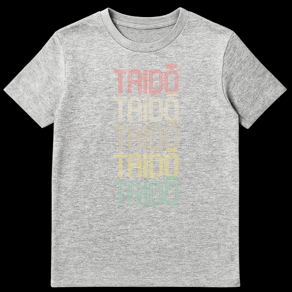 Vintage Taidō Martial Arts T-Shirt with stacked, multi-colored text on a black background, featuring retro typography and a distressed look. on Sports Grey t-shirt