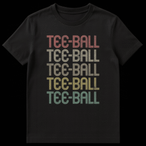 Vintage distressed tee-ball shirt with text "TEE-BALL" repeated five times in a gradient of muted colors on a black background. on Black t-shirt