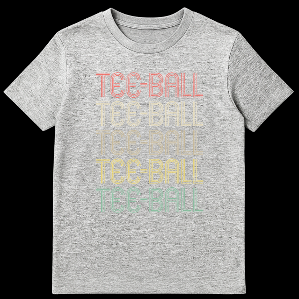Vintage distressed tee-ball shirt with text "TEE-BALL" repeated five times in a gradient of muted colors on a black background. on Sports Grey t-shirt