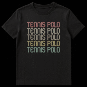 Retro TENNIS POLO t-shirt design with distressed, multi-color vintage typography on a black background, featuring faded salmon, beige, olive, mustard, and teal. on Black t-shirt
