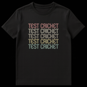 Vintage 'TEST CRICKET' repeated text t-shirt with distressed, multi-lined font and gradient colors on a black background on Black t-shirt