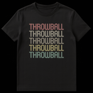 Retro Throwball Player T-Shirt with stacked THROWBALL text in faded vintage colors on Black t-shirt