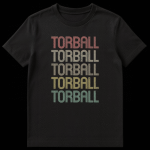 Retro Torball t-shirt with stacked, distressed text in muted vintage colors, for visually impaired sports enthusiasts on Black t-shirt