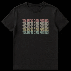 Vintage Touring Car Racing T-Shirt with stacked, distressed multi-color text against a black background, featuring a retro motorsport aesthetic. on Black t-shirt
