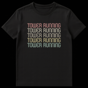 Retro 'TOWER RUNNING' gaming t-shirt with distressed multi-line typography in a muted gradient, ideal for MMORPG players. on Black t-shirt