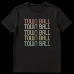 Town Ball vintage baseball history t-shirt with distressed rainbow typography on Black t-shirt