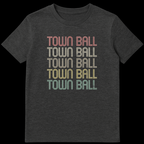 Town Ball vintage baseball history t-shirt with distressed rainbow typography on Dark Heather t-shirt