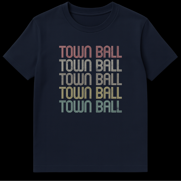Town Ball vintage baseball history t-shirt with distressed rainbow typography on Navy Blue t-shirt