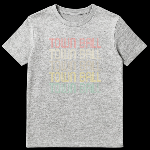 Town Ball vintage baseball history t-shirt with distressed rainbow typography on Sports Grey t-shirt