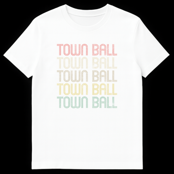 Town Ball vintage baseball history t-shirt with distressed rainbow typography on White t-shirt