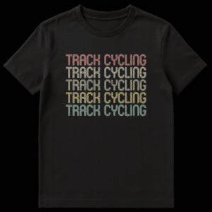 Track Cycling Enthusiast Unisex T-Shirt with repeated retro text for velodrome fans on Black t-shirt