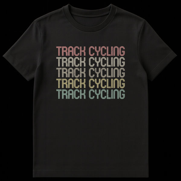Track Cycling Enthusiast Unisex T-Shirt with repeated retro text for velodrome fans on Black t-shirt