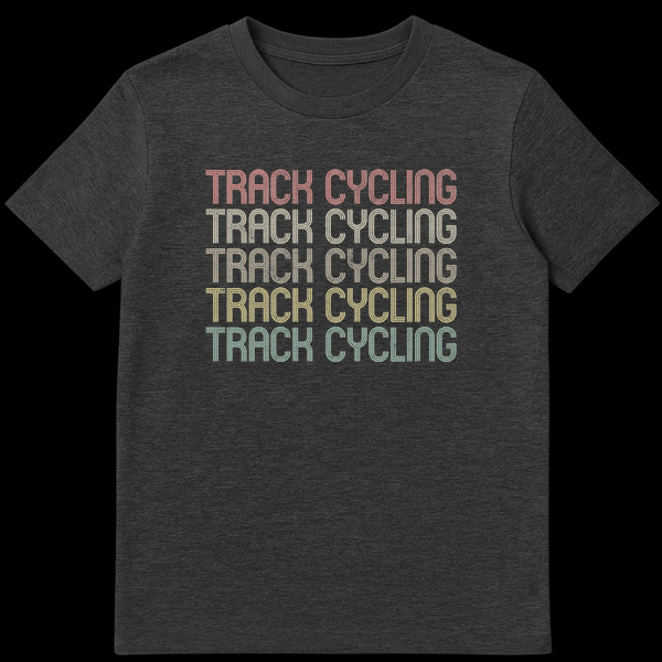 Track Cycling Enthusiast Unisex T-Shirt with repeated retro text for velodrome fans on Dark Heather t-shirt